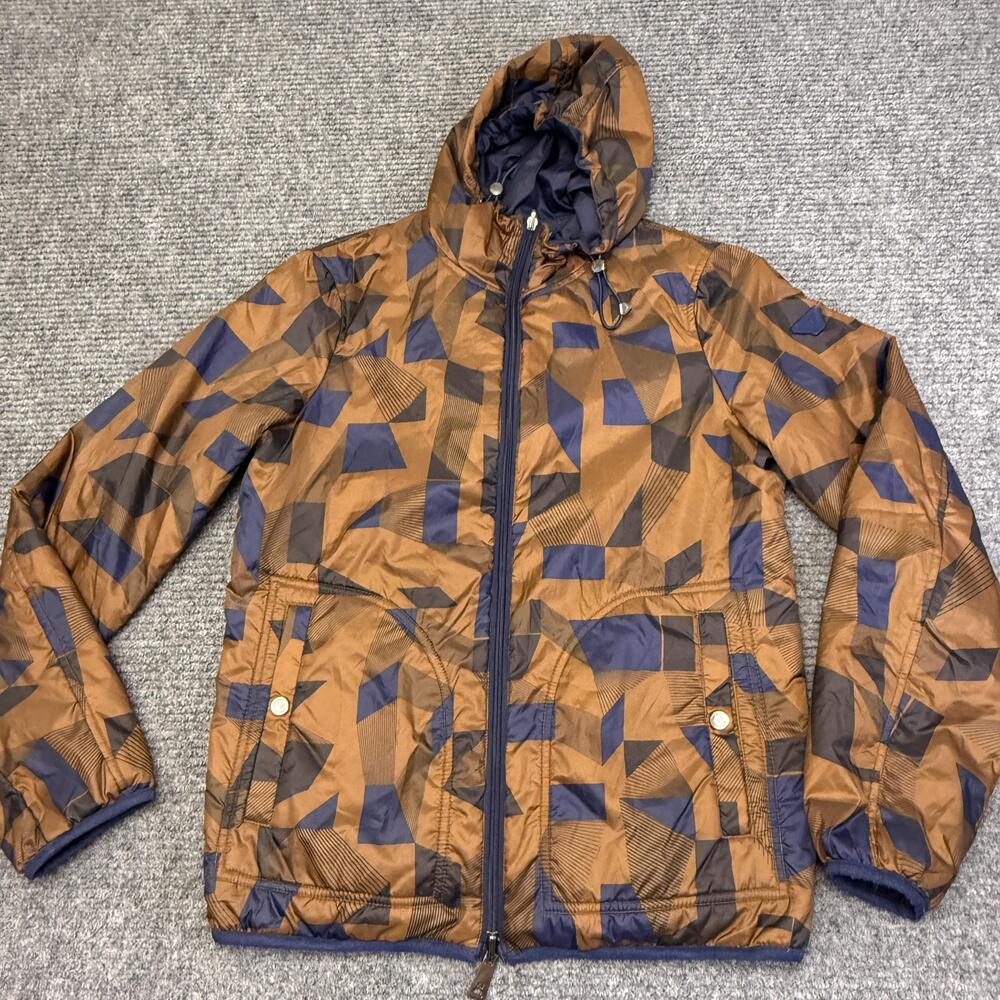 Armani Jeans Jacket Mens EU 44 Brown Navy Geometric Reversible Hooded Puffer
